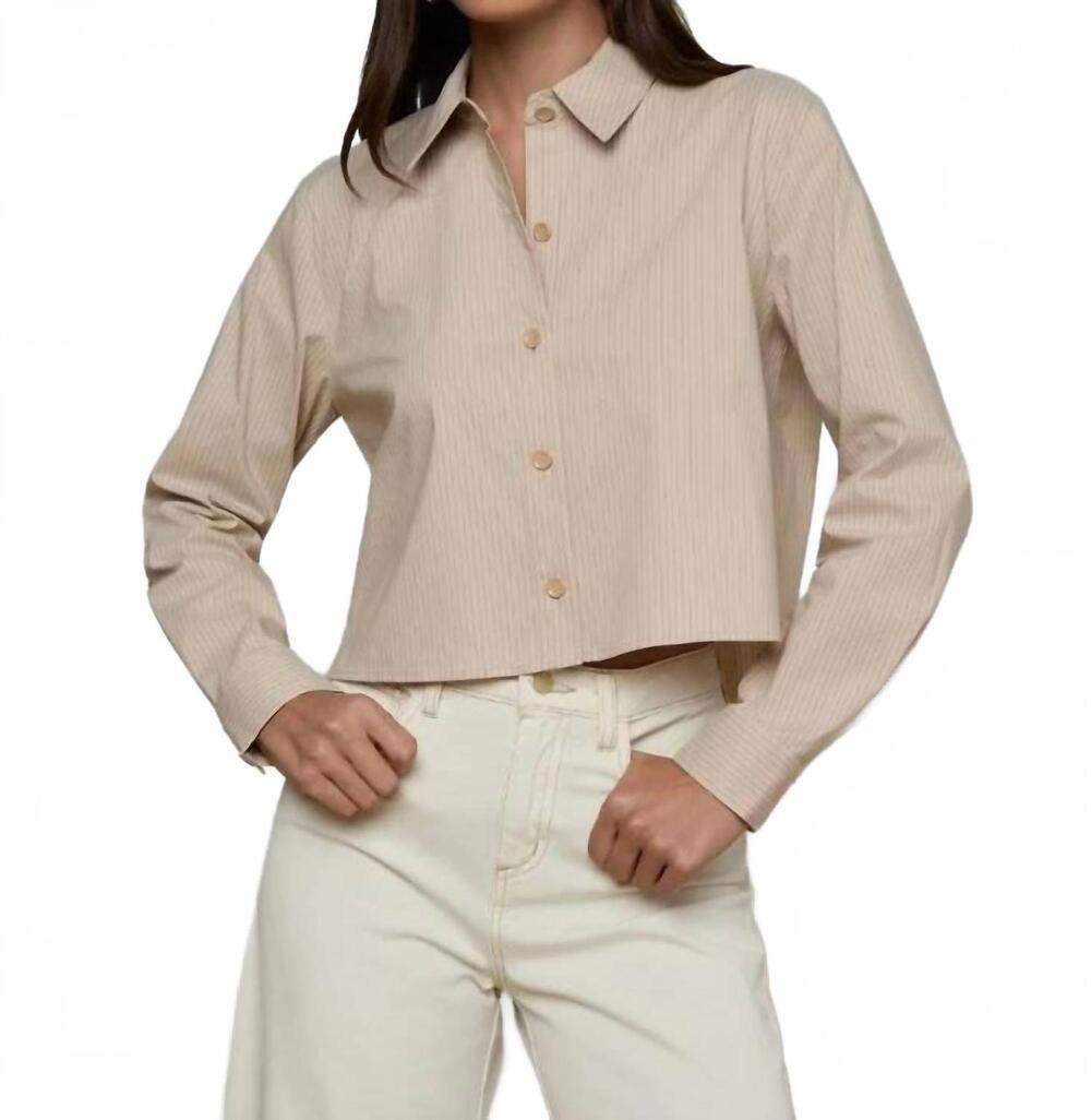NEW L'AGENCE cosette crop hi low shirt in macadamia/light brown stripe
